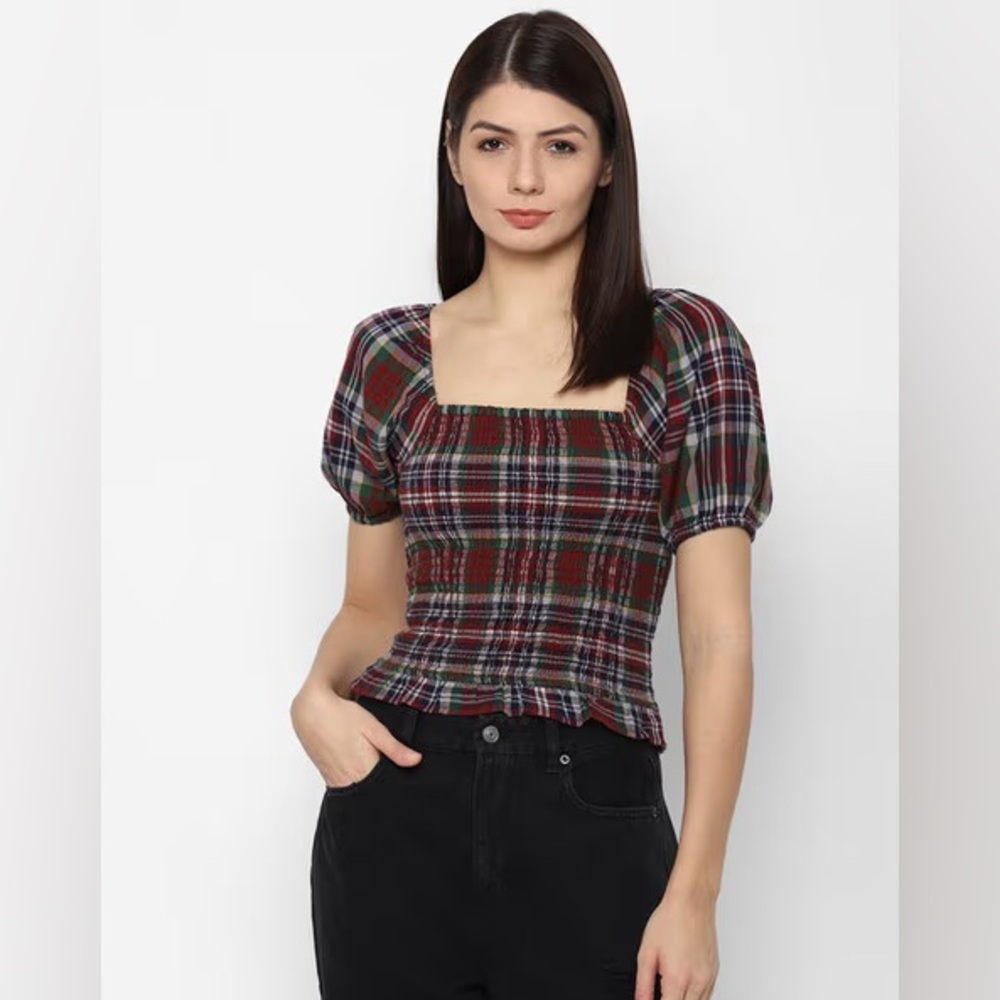 American Eagle Small Plaid Smocked Puff Sleeve Top NWT
